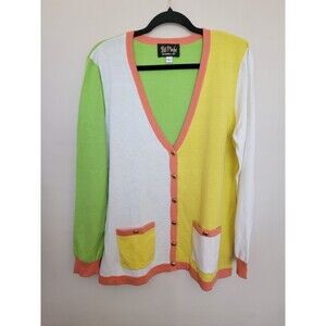 Bob Mackie Wearable Art Womens Colorblock Button Front Cardigan Sweater Sz Large